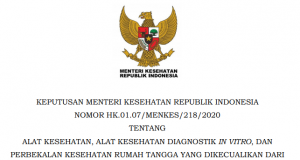 KEPUTUSAN MENTERI KESEHATAN REPUBLIK INDONESIA NOMOR HK.01.07/MENKES/218/2020